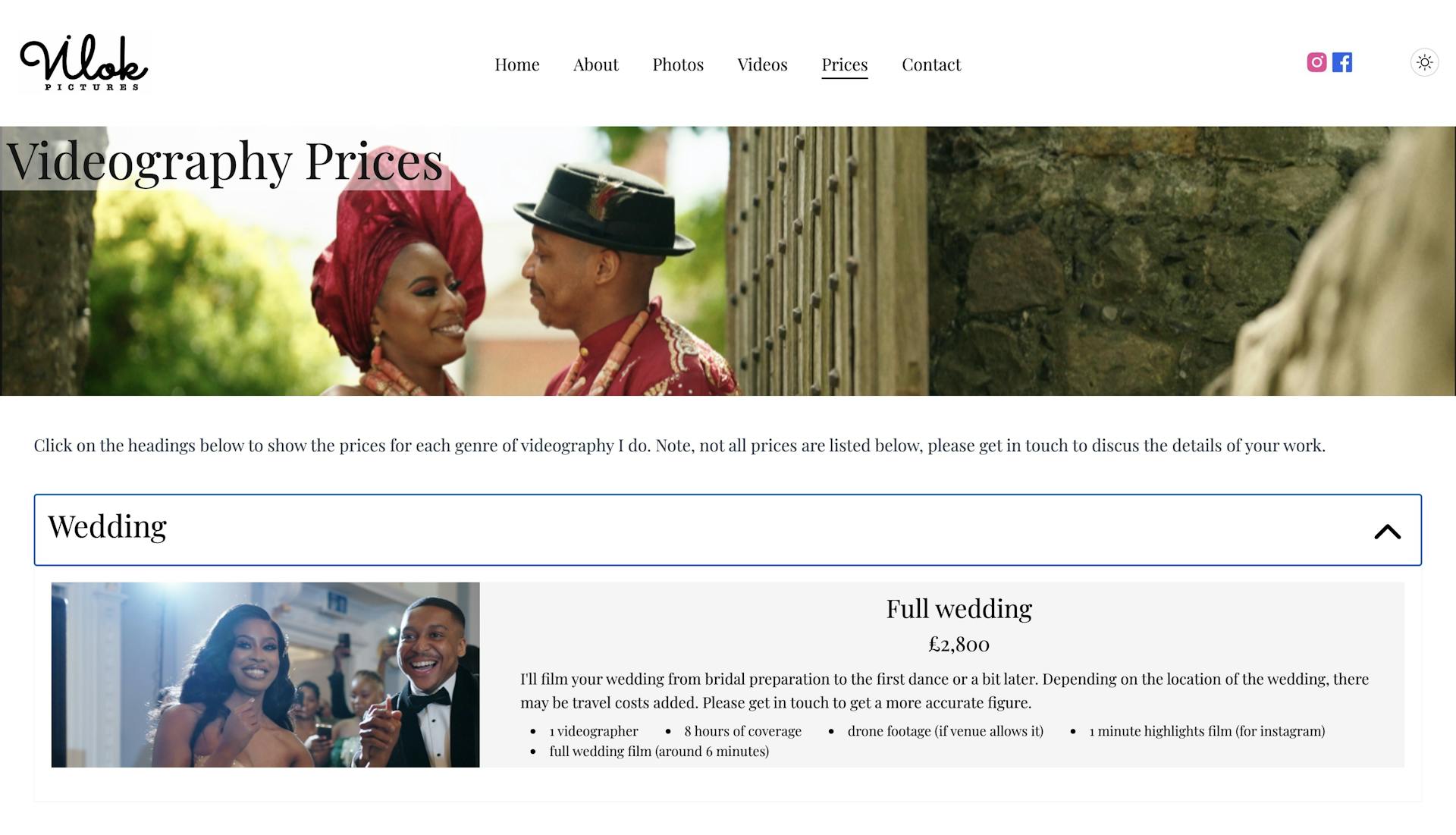 video prices page screenshot
